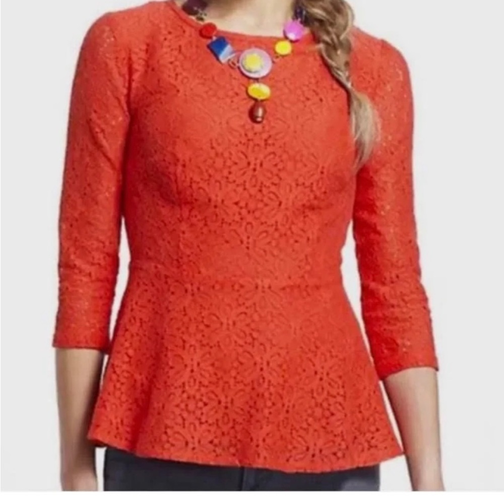 New Anthropologie Moulinette Soeurs Orange Floral Lace Peplum Hem Blouse sz 2